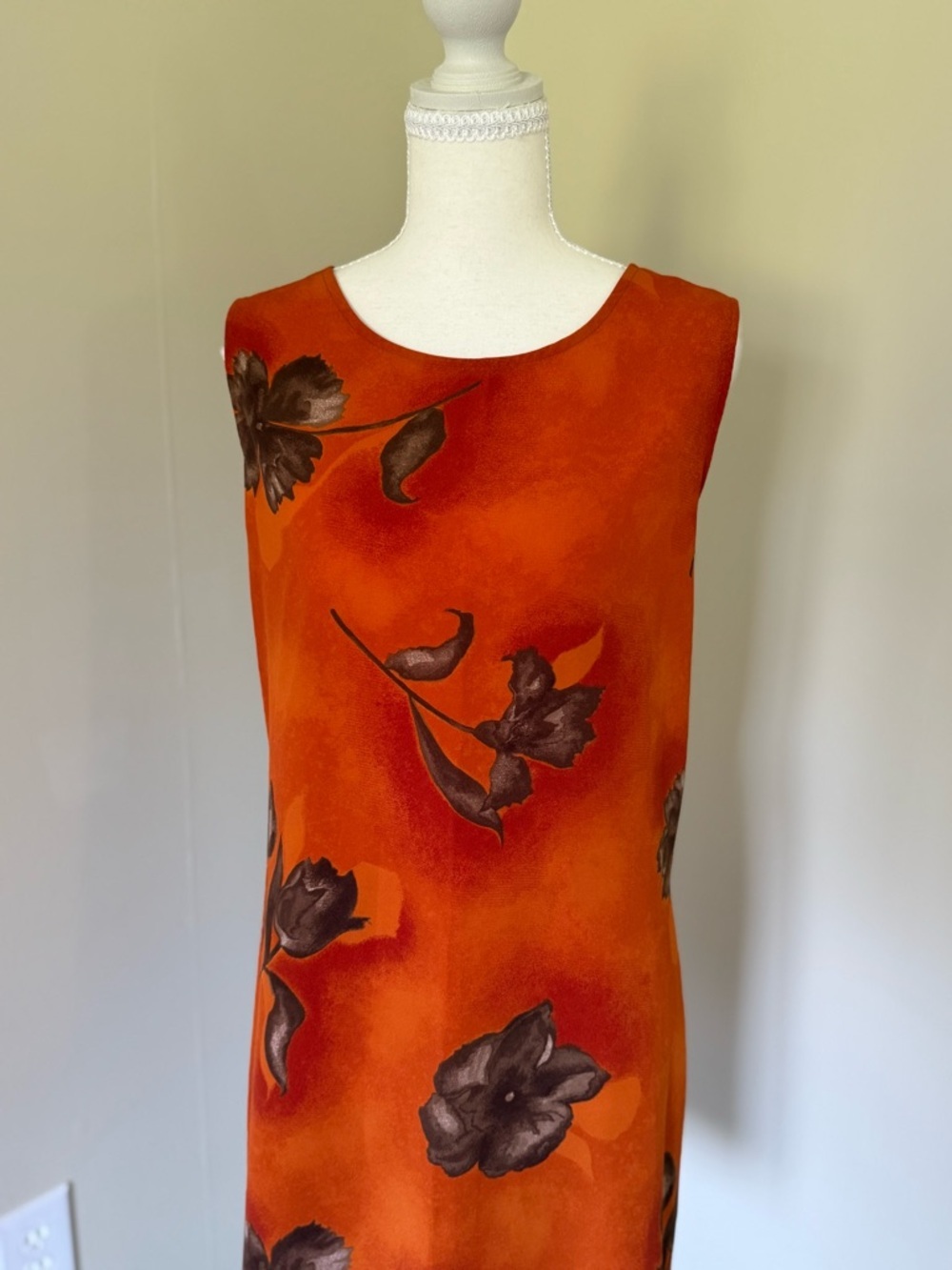 New York & Company Orange Brown Floral Mini Dress Button Slip Dress Vintage 14